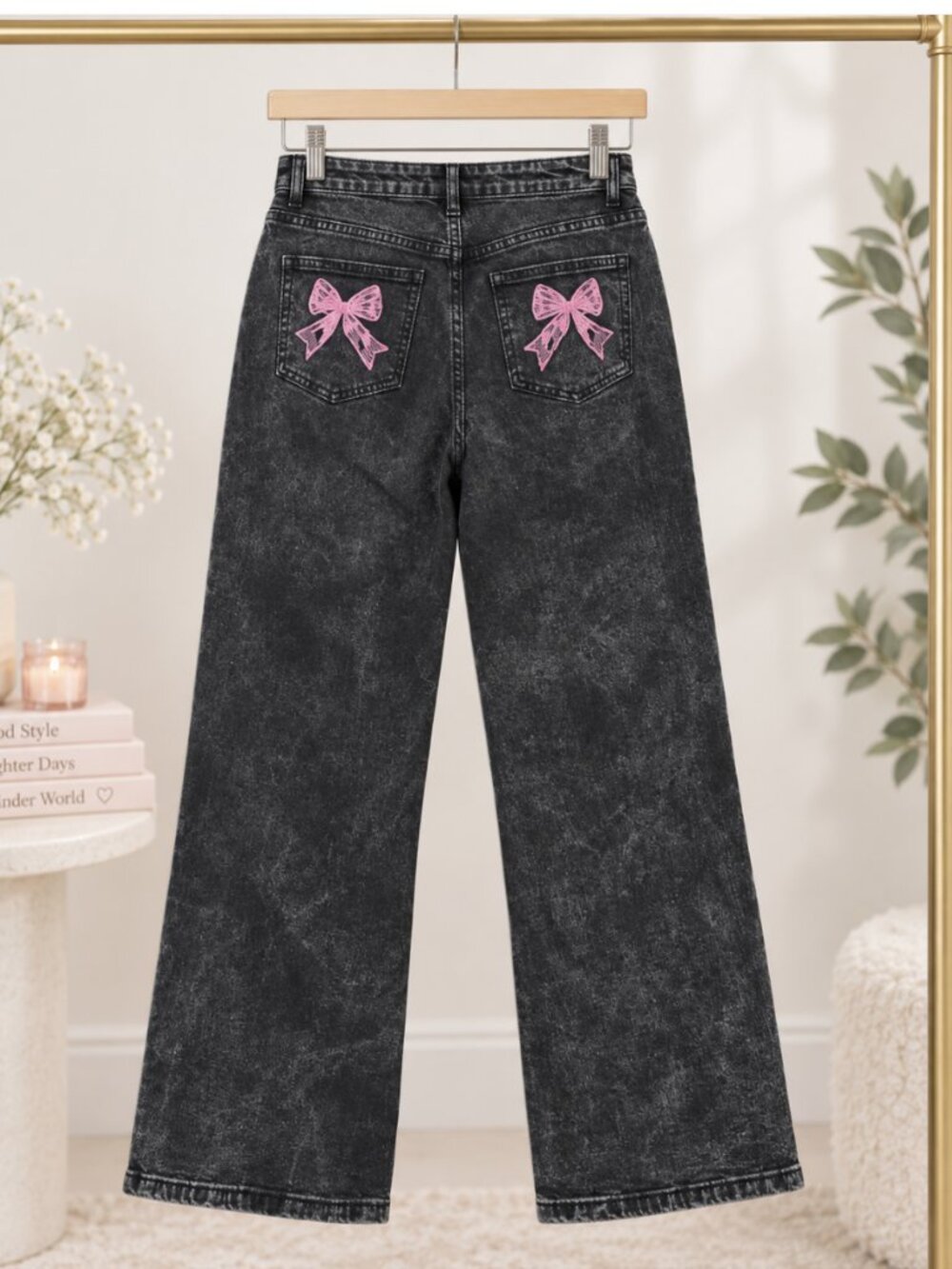 Your Cute Jeans Black Acid Wash Wide Leg Jeans Pink Bow Pockets - Size 9